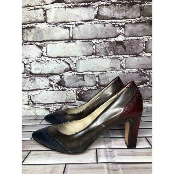 Mona Lisa Gray Blue Red Leather Pointed Toe Dress Heels Women’s Sz 37.5EU/7M US - Picture 1 of 16
